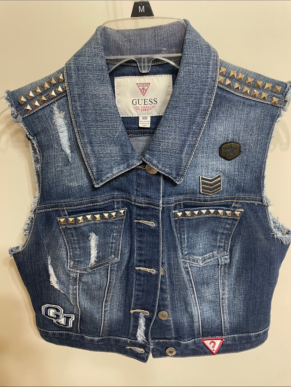GUESS Distressed Dark Blue Studded Denim Vest